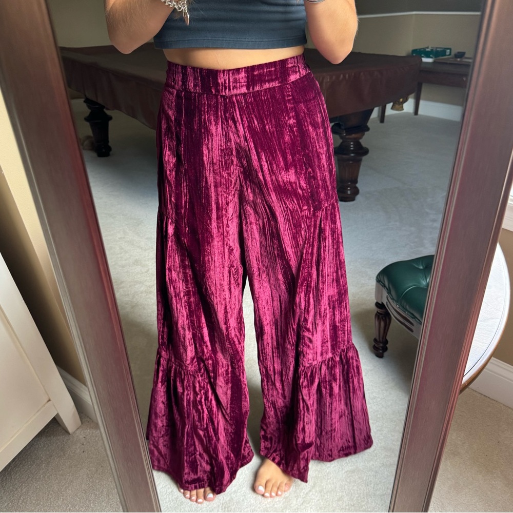 NATURAL LIFE Velvet Wide Leg Ruffle Hem Pants in Deep Wine